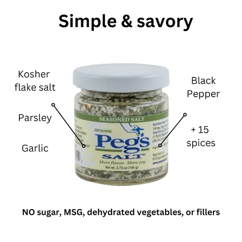 Vista 4 de Peg's Salt (Original) 3.75 oz de sal sazonada para cada comida, condimento gourmet, sin MSG, sin azúcar ni rellenos
