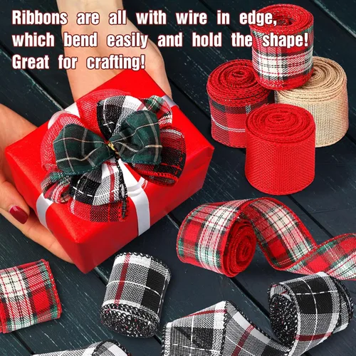 Vista 6 de 6 rollos de cintas navideñas con alambre de 32 yardas, cinta multicolor de búfalo a cuadros, cinta de arpillera con borde con alambre, cinta