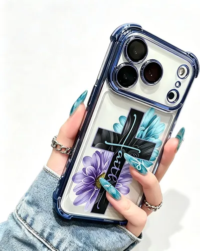 Vista 4 de Funciona con funda transparente para iPhone, Faith Cross Floral