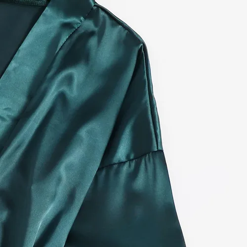 Vista 4 de Lencería de satén para mujer, conjunto de 4 pijamas de seda sexy con ribete de encaje, lencería con bata