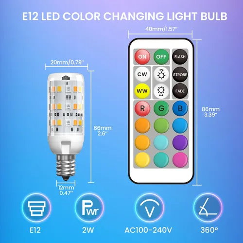 Vista 2 de Bombilla LED E12 que cambia de color con control remoto 2 W E12 bombilla multicolor RGB/3000K/6000K/Base de candelabro regulable Bombillas de luz