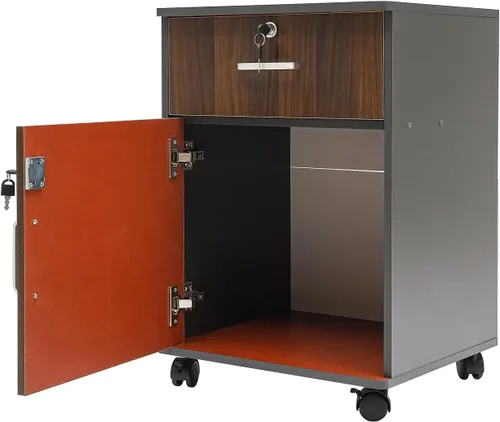Vista 4 de Archivador móvil de roble negro, soporte de impresora con cerradura, organizador de oficina y armario de almacenamiento con puerta, cajón y ruedas