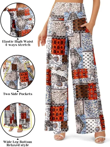 Vista 4 de JZC Pantalones de descanso estilo palazzo para mujer, elásticos, de pierna ancha, informales, cómodos, de tiro alto, holgados, tallas S - 3XL