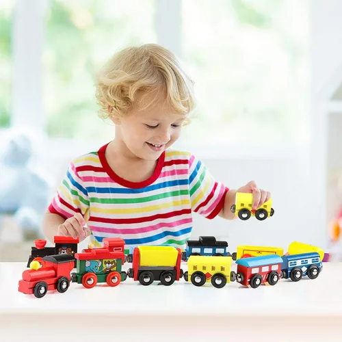 Vista 9 de Wondertoys Juego de 12 trenes magnéticos de madera, incluye 3 motores y bolsa de almacenamiento, juego de tren de madera para niños pequeños