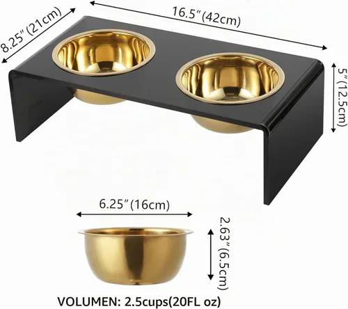 Vista 5 de DBL2000B Keaton - Comedero rectangular elevado moderno de lucita para mascotas de 5 pulgadas, tamaño pequeño/mediano, con 2 cuencos de acero