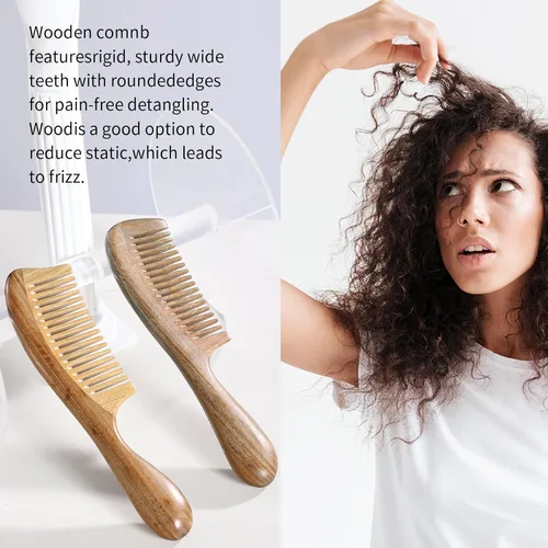 Vista 4 de Peine de pelo de sándalo verde natural, calidad premium, antiestático, desenredante natural, mango redondo grueso, para la salud del cabello