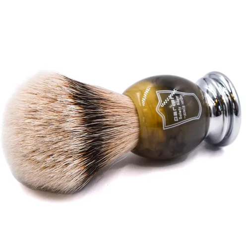 Vista 5 de Brocha de afeitar Parker Safety Razor con cerdas 100 % de pelo de tejón plata y mango de imitación de cuerno, con soporte incluido.