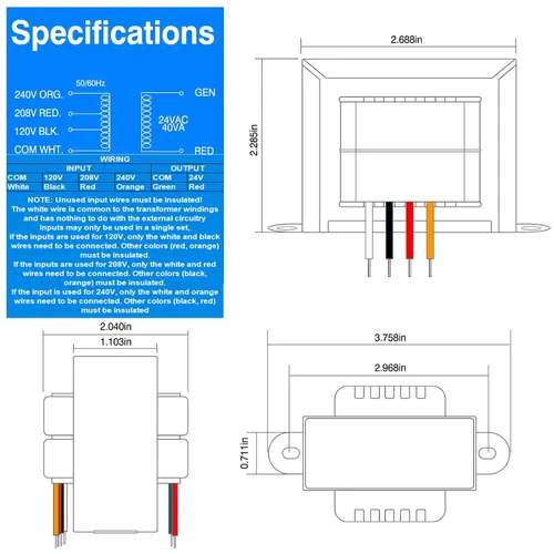 Vista 2 de 24V 40VA Control Transformer, Primary 120/208/240V, Secondary 24V Isolation Transformer with Foot Mount for HVAC Furnace Multi Tap