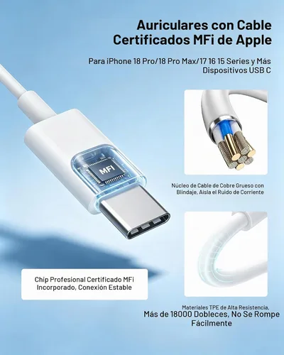 Vista 3 de Paquete de 2 auriculares USB C para iPhone 18 Pro Max/18 Pro/Duo/17 16 15 Blanco brillante