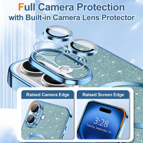 Vista 15 de Hython para iPhone 15 Plus Funda con chispas brillantes, Fundas transparentes magnéticas con protector de lente de cámara [Compatible con MagSafe]