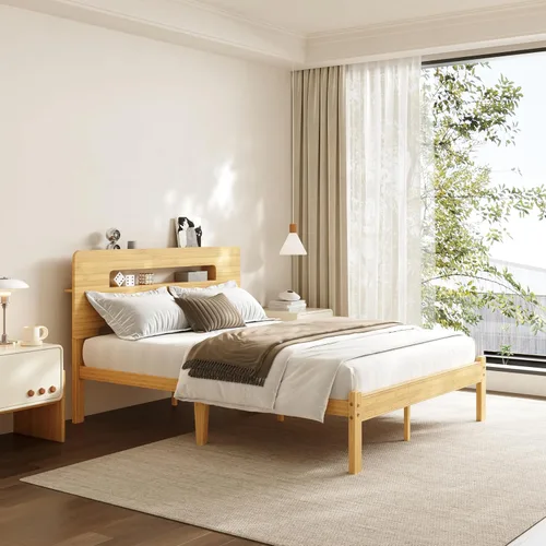 Vista 3 de Base de cama de tamaño matrimonial de 14 pulgadas de bambú con cabecera de almacenamiento, marcos de cama sólidos, soporte de listones de metal