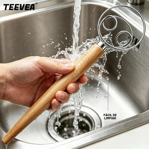Vista 7 de TEEVEA Batidor de masa danesa Mango de madera de acero inoxidable para pan Batidor de masa de 2 ojos