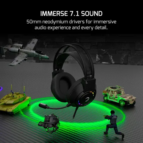 Vista 2 de GAMEPOWER Voldon Rainbow Gaming Headset - Sonido envolvente virtual 7.1, auriculares con cable con controladores de 1.969 in, micrófono