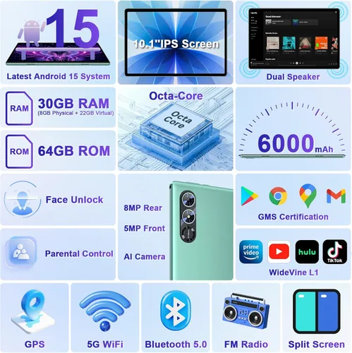 Vista 3 de Tablet Android 15 2026, tabletas de 10 pulgadas con Gemini AI, 30GB+64GB+1TB Expand, tabletas electrónicas 2 en 1 Octa-Core con teclado, mouse, WiFi