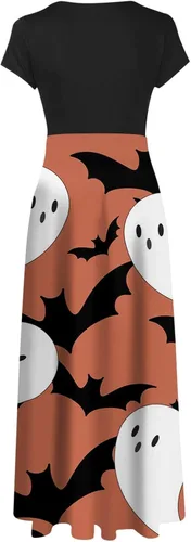 Vista 4 de Vestido de Halloween para mujer, diseño de calabaza, murciélago, fantasma, vestido retro de araña, vestido de manga corta hasta el suelo