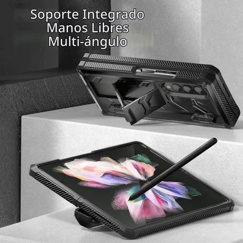 Vista 4 de Funda resistente para Samsung-Galaxy-Z-Fold-3 con soporte integrado [soporte para bolígrafo S] [protector de pantalla] [protección de bisagra], Negro