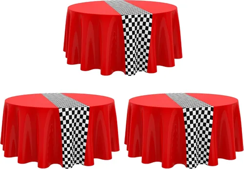 Vista 13 de Oudain 3 piezas de suministros para fiesta de cumpleaños de autos, decoraciones para fiestas de carreras, mantel redondo de carreras con bandera a