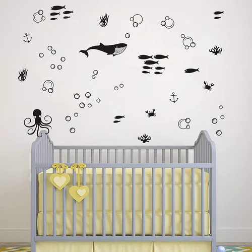 Vista 2 de Juego de calcomanías de pared submarinas, calcomanías de vinilo, calcomanías de burbujas, decoración moderna de habitación de niños, calcomanías