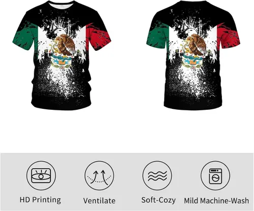 Vista 3 de Liohans Camiseta casual 3D con estampado digital de la bandera de México, cuello redondo para hombre