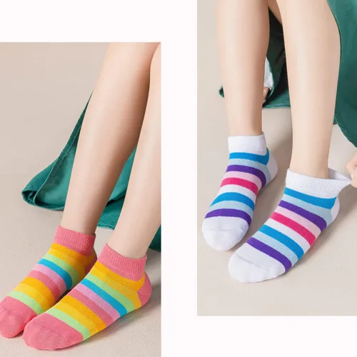 Vista 7 de Marchare Calcetines sin costuras para niñas, calcetines de algodón con rayas de arco iris, paquete de 5