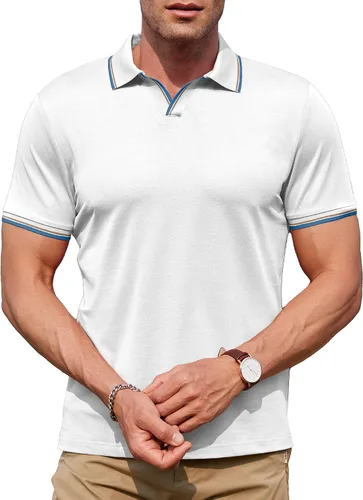 Vista 4 de dimidium Camisa polo de algodón de manga corta con cuello en V para hombre, estilo casual, elegante, ajuste regular, camiseta de punto Henley de golf