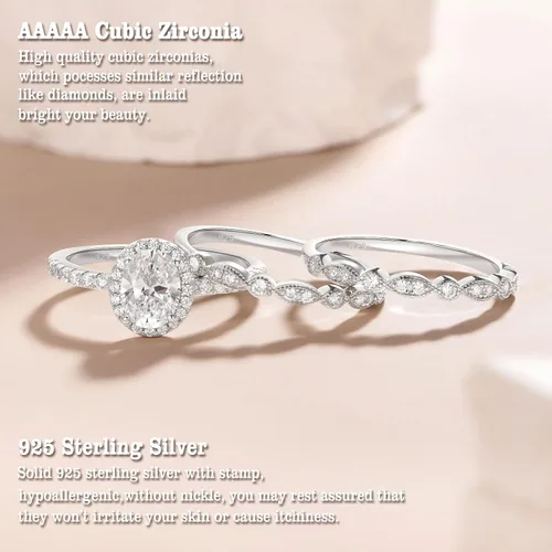 Vista 5 de Newshe Jewellery - Juego de anillo de compromiso, enchapados en plata 925, CZ blanco, tamaños 5-10
