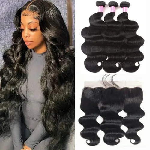 Vista 21 de Paquetes de Ondas Corporales con Cierre para Mujeres Negras (10 12 14+10) 100% Cabello Humano Brasileño de Ondas Corporales Sin Procesar 3 Paquetes