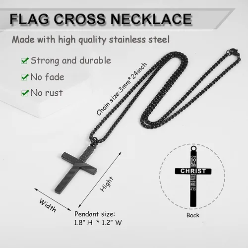 Vista 3 de ZRAY Collar con cruz de bandera estadounidense para hombre, joyería patriótica, cadena de acero inoxidable de 24 pulgadas, grabado, inspirador