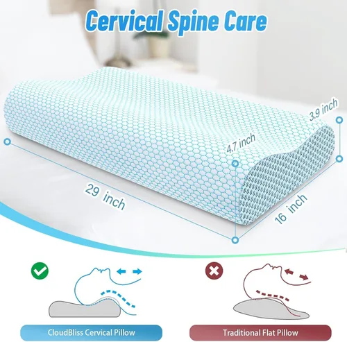 Vista 2 de Almohada cervical ergonómica para dormir, tamaño Queen azul Memory Foam Bed Pillow for Side Back Stomach Sleepers, Contour Fit Neck Pillow for