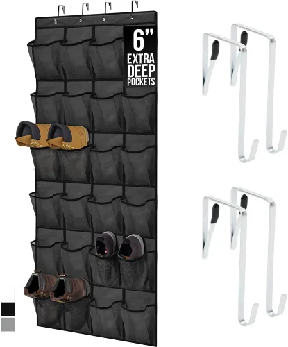 Vista 24 de Gorilla Grip - Zapatero para colgar en la puerta, 24 bolsillos de malla para sostener hasta 40 libras, organizador para parte trasera del armario