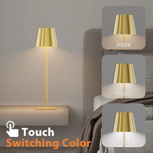 Vista 4 de Lámpara de mesa inalámbrica dorada, 5500 mAh, luz de mesa de latón, 3 temperaturas de color, regulable, recargable, para exteriores, restaurante Oro