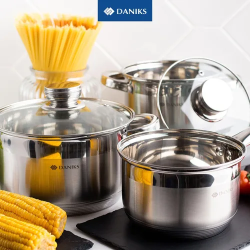 Vista 9 de Daniks Olla Estándar de Acero Inoxidable de 2 Cuartos con Tapa de Vidrio, Fondo Tri-Capa para Calentamiento Uniforme, Compatible con Inducción, Apta