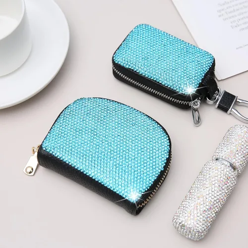 Vista 20 de AsAlways RFID Rhinestone titular de la tarjeta de crédito semicírculo multicapa cremallera caso Bling Crystal Slim pequeña cartera para mujeres