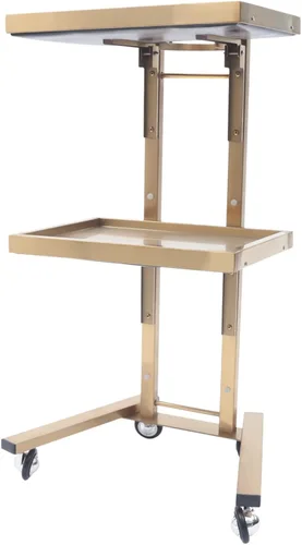 Vista 2 de Xuthusman Bandeja plegable de 2 niveles, carrito de 4 ruedas, estante de almacenamiento con bandeja de servicio de acero inoxidable (dorado)