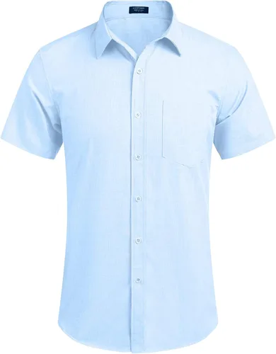 Vista 2 de COOFANDY - Camisa de lino de manga corta con botones estilo informal para hombre, para la playa