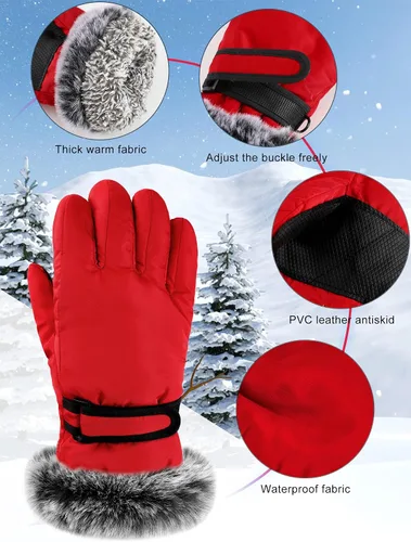 Vista 5 de Geyoga 2 pares de guantes de esquí de nieve para niños, impermeables, de piel sintética, guantes de snowboard resistentes al viento para jóvenes