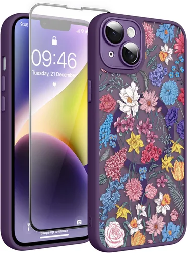 Vista 19 de Magnético para iPhone 13 con protector de pantalla [Compatible con MagSafe] Diseño de patrón floral de flores bonitas, funda delgada a prueba