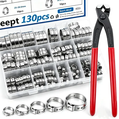 Vista 8 de Kit surtido de 170 piezas de abrazaderas de manguera de una oreja de acero inoxidable 304 de 13 tamaños, abrazaderas de manguera de crimpar de 5.3