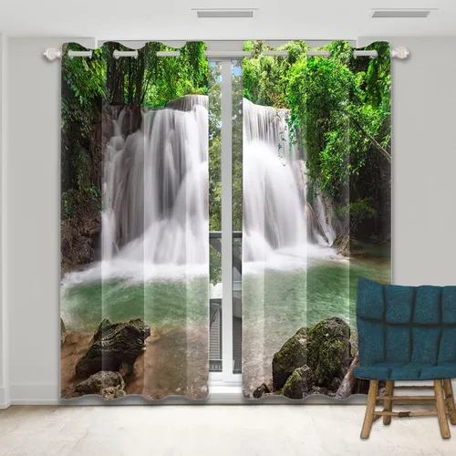 Vista 14 de Renaiss Cortinas opacas con cascada, diseño de bosque profundo, con aislamiento térmico, para dormitorio, árboles, estanques, piedras, para sala