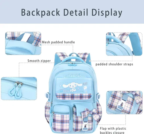 Vista 5 de Roffatide Mochila escolar Kawaii de anime para niñas y niños con 21 accesorios de dibujos animados para estudiantes estéticos para el nuevo