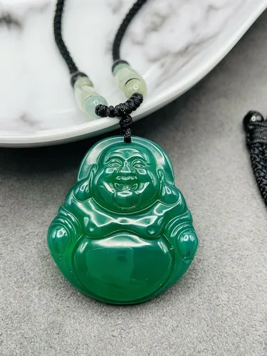 Vista 2 de 1 colgante de jade verde chino con dije de Buda sonriente de la suerte, Gema, Jade