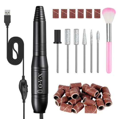Vista 8 de Kit profesional de taladro de uñas USB de 20000 RPM para uñas acrílicas, pulido de manicura y pedicura con 6 brocas de uñas, bandas de lijado y Negro