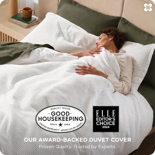 Vista 2 de Bedsure Funda de edredón de 100% algodón tamaño individual, tejido gofre, color blanco coco, GentleSoft y transpirable, juego de cama para regalo, 2