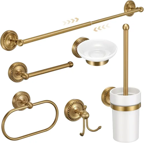 Vista 11 de Juego de 4 Piezas de Accesorios de Baño de Latón Antiguo Dorado Montados en la Pared Toallero y Anillo para Toallas y Portapapel Higiénico y Gancho