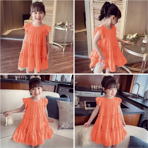 Vista 6 de AGQT Vestido de fiesta plisado con volantes de manga corta para niñas pequeñas, diseño de lunares suizos, con vuelo, talla 1-6T