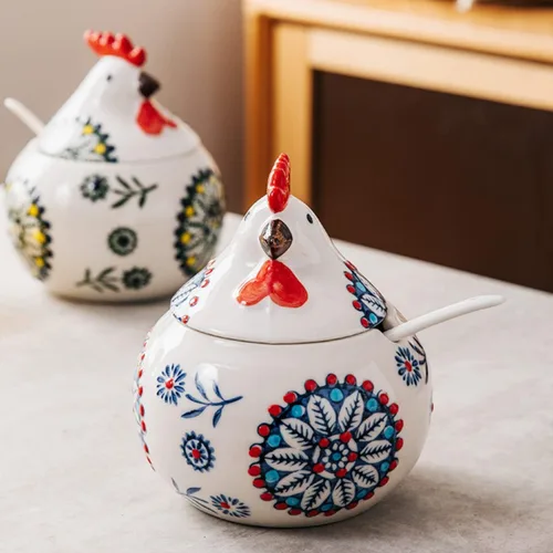 Vista 4 de Olla de condimentos de porcelana con tapa y cuchara, tazón de sal de 11 oz para cocina, forma de pollo