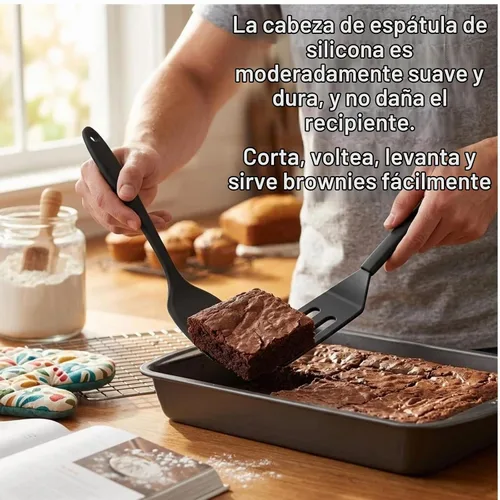 Vista 6 de Juego de 2 espátulas para servir de silicona, espátula ranurada resistente al calor, para cocinar en la cocina. (negro)