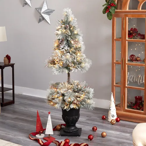 Vista 7 de Nearly Natural Árbol de Navidad artificial flocado de 5 pies con 100 luces LED y 186 ramas flexibles en urna decorativa