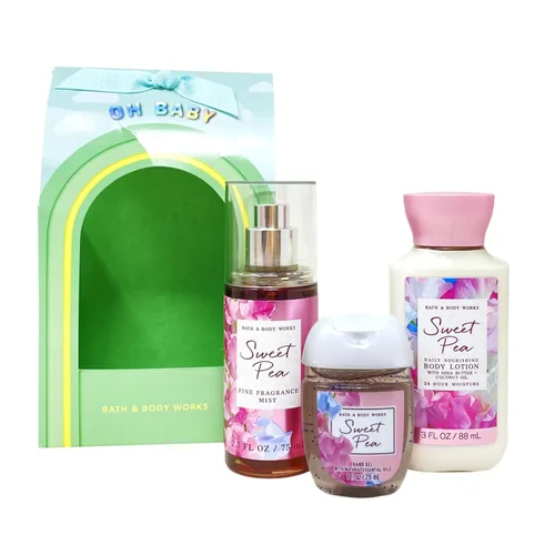 Vista 2 de Bath & Body Works Sweet Pea - Oh Baby Mini bolsa de regalo - Fragancia de niebla, loción corporal y gel de manos - con un jabón de muestra de sales