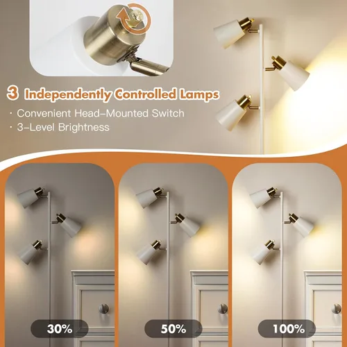 Vista 2 de Lámpara de pie estilo árbol para sala de estar, lámpara de pie industrial de 3 luces con 3 bombillas LED, cabezas giratorias ajustables, lámpara
